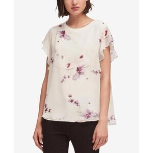 DKNY Womens Ruffle Sleeve Floral Print Top Size XS